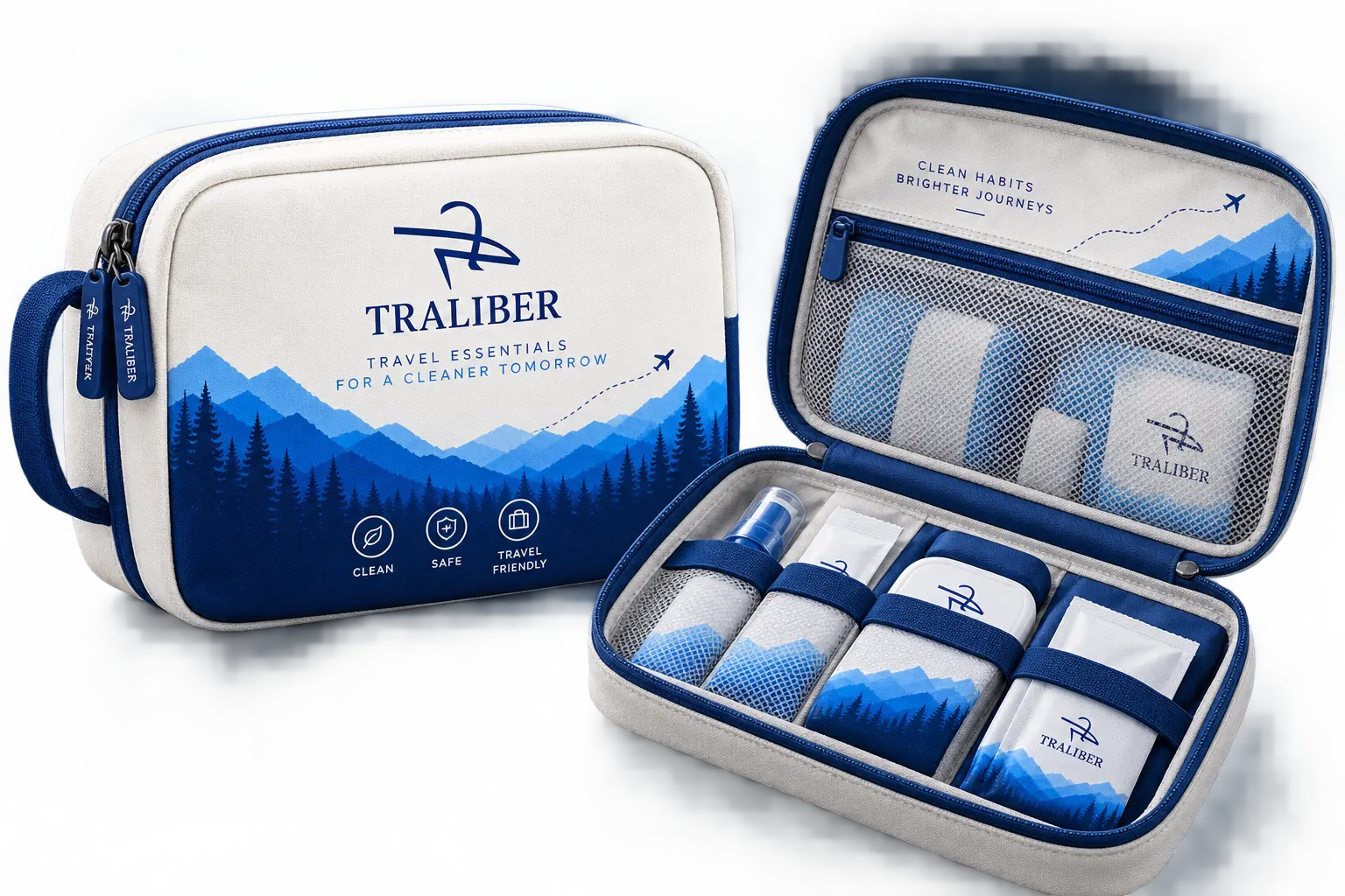 Traliber Travel Essentials Kit with 10 travel hygiene items displayed around water-resistant pouch